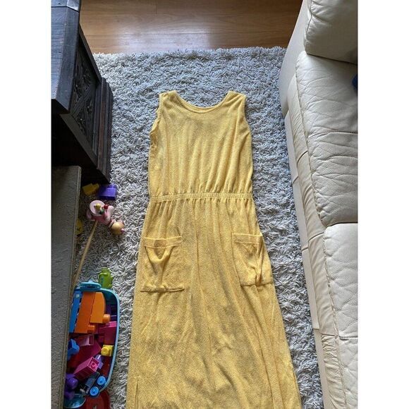 Vintage Gertrude Davenport Dress Long Terrycloth Yellow Large Pocketed Maxi - Picture 4 of 9